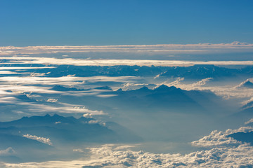 Aerial View from Airplane Above Alps Mountains Mont Blanc White Snow Europe