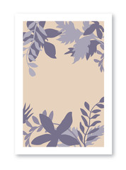 Abstract floral botanical organic shapes in natural colors: biege, brown, dark blue and grey. Template of trendy contemporary style collage for flyer, card, brochure and social media post.