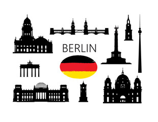 Berlin. Famous tourist places of capital of Germany. Travel Germany set. German building icon silhouette collection. © Terriana