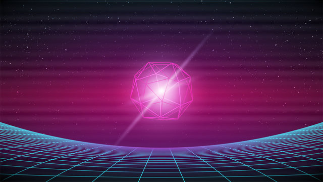 Synthwave background. Retrowave 80s style illustration. Blue curved perspective grid with pink wireframe glowing object. TV screen effect. 3d digital geometric template. Retro futuristic look