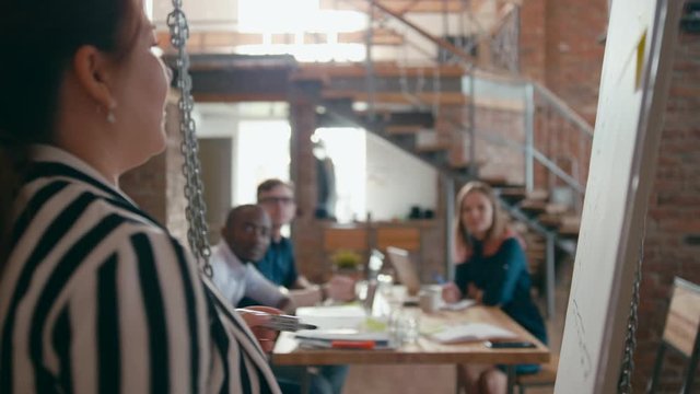 Female Asian Team Leader or Manager is Writing by Marker on White Flipchart Board in Office at Work Meeting or Business Presentation. Woman is Drawing Increasing Graph. 4K Corporate Medium Shot