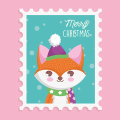 fox with hat and scarf merry christmas stamp