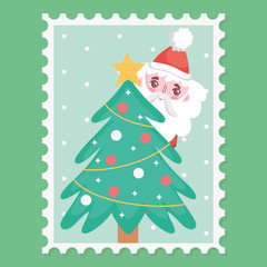 santa and decorative tree star balls merry christmas stamp