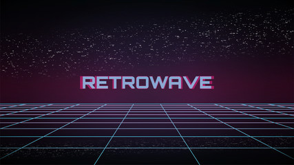 Retrowave background. Synthwave 80s style dark illustration. Blue perspective grid with distorted word Retrowave above. TV screen effect. 3d digital geometric template with VHS glitch