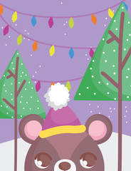 bear head with hat trees lights merry christmas card