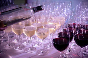 white and red wine glasses for party in club
