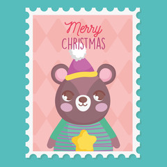 bear with hat and sweater merry christmas stamp