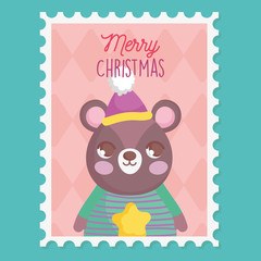 bear with hat and sweater merry christmas stamp