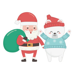 santa with bag and polar bear celebration merry christmas