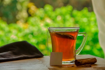 cup of tea with cinnamon with nature background, in a glass cup