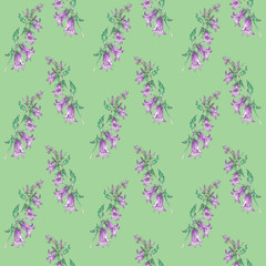 Watercolor seamless pattern with isolated garden flowers bluebells on light green background. A backdrop with gentle colors and repeat ornament.