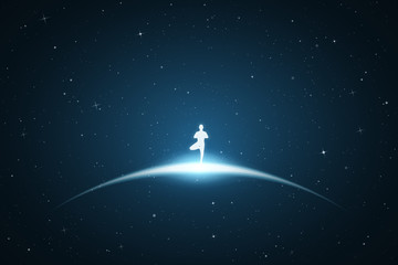Lonely yogi in space. Vector conceptual illustration with white silhouette of meditating man. Bue abstract background with stars and glowing outline - 294733484