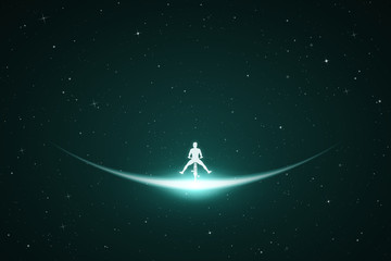 Obraz na płótnie Canvas Man on bicycle in space. Vector conceptual illustration with white silhouette of cyclist with legs apart. Emerald abstract background with stars and glowing outline
