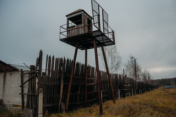 Old observation tower in abandoned Soviet Russian prison complex