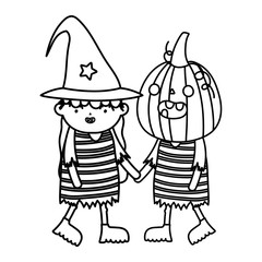 girl witch and boy pumpkin costume trick or treat happy halloweenline design