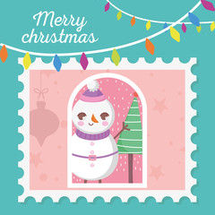 snowman tree hanging lights merry christmas stamp and tag
