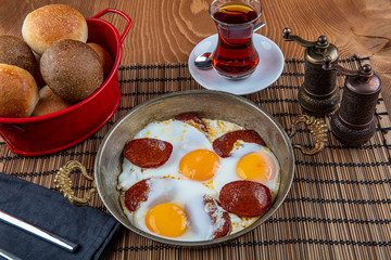 Sausage Fried Egg, sucuklu yumurta from top view ,  turkish sauage with egg omelette.