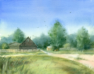 Watercolor painting. Summer village. The path in the countryside. - 294734496