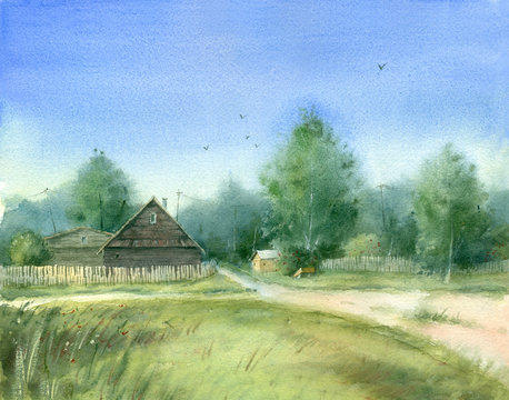 Watercolor painting. Summer village. The path in the countryside.