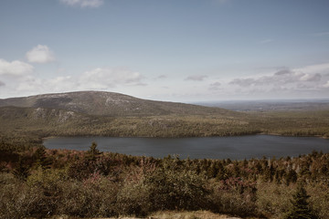 View of Jordan Pond from Cadillac Mountain in Acadia National Park on Mount Desert Island, Maine.  