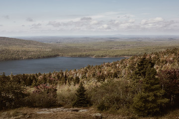 View of Jordan Pond from Cadillac Mountain in Acadia National Park on Mount Desert Island, Maine.  