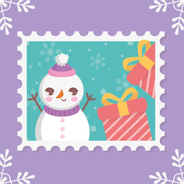snowman gift boxes snowflakes merry christmas stamp