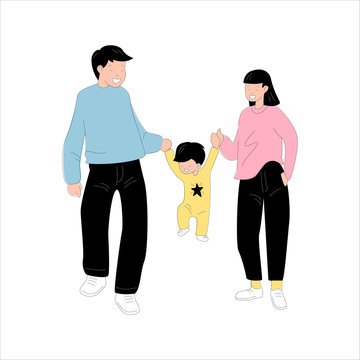 Young Family In Korean Drawing Style.Vector EPS10