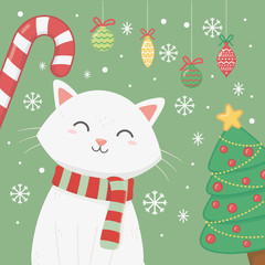 white cat with scarf candy cane and tree celebration merry christmas poster