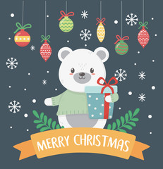 Fototapeta premium polar bear with present and balls celebration merry christmas poster