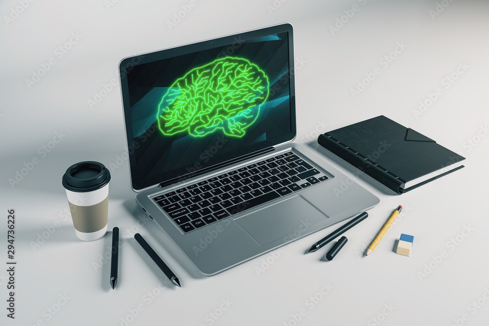 Poster laptop closeup with brain drawing on computer screen. big data concept. 3d rendering.