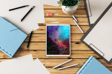 Digital tablet closeup top view with financial graph and partial world map on screen. Online international trading application concept. 3d rendering.
