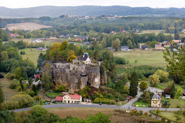 Impregnable medieval rock castle Sloup from the 13th century in Landscape of northern Bohemia,...