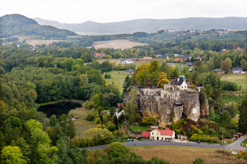 Impregnable medieval rock castle Sloup from the 13th century in Landscape of northern Bohemia,...