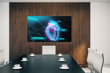 Conference room interior with heart on screen monitor on the wall. Medical education concept. 3d rendering.