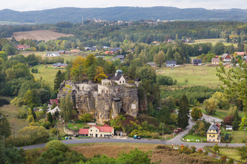 Impregnable medieval rock castle Sloup from the 13th century in Landscape of northern Bohemia,...
