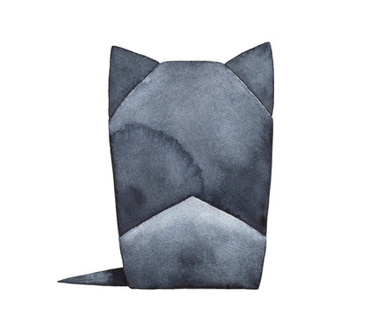 Grungy origami kitty drawing. Hand drawn watercolour artistic sketch on white background, isolated element for design, creative shape, "Black Friday" price tag, banner, sticker, Halloween decoration.