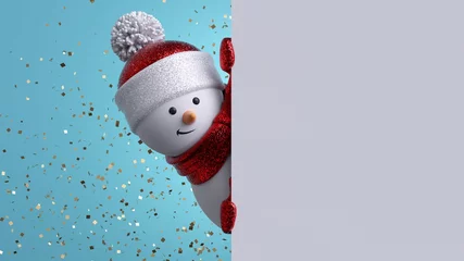 Poster Christmas greeting card template. 3d snowman holding blank banner, looking at camera. Winter holiday background with gold confetti. Happy New Year mockup with copy space. Funny festive character. © wacomka