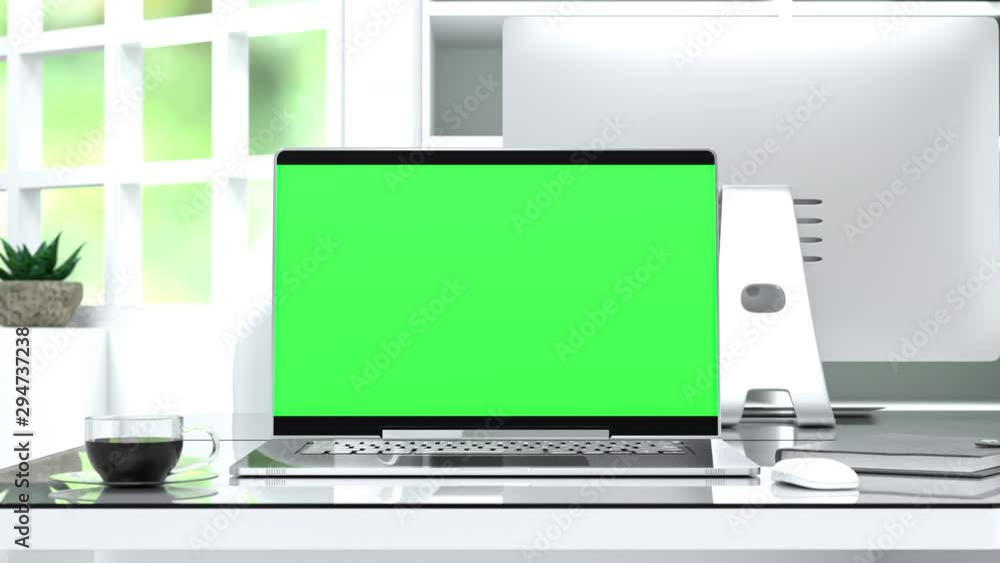 Poster laptop background. computer mock up with green screen on work desk in office white color. 3d render.
