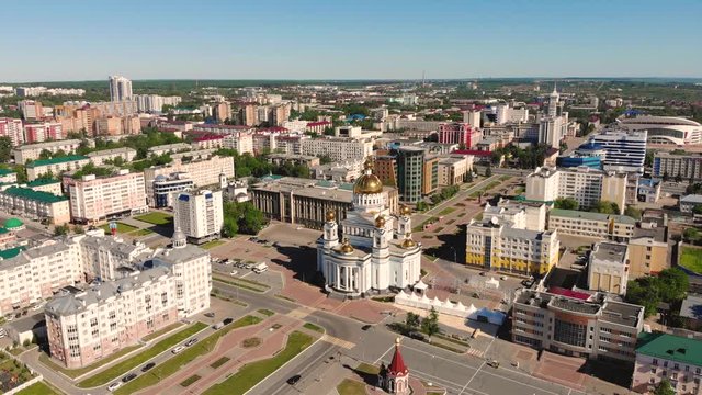 Aerial flying forward to the russian orthodox the Cathedral of St. Theodore Ushakov in Saransk, Russia. Taken by drone