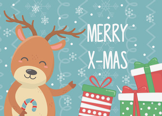 smiling deer with gifts and candy cane celebration merry christmas poster