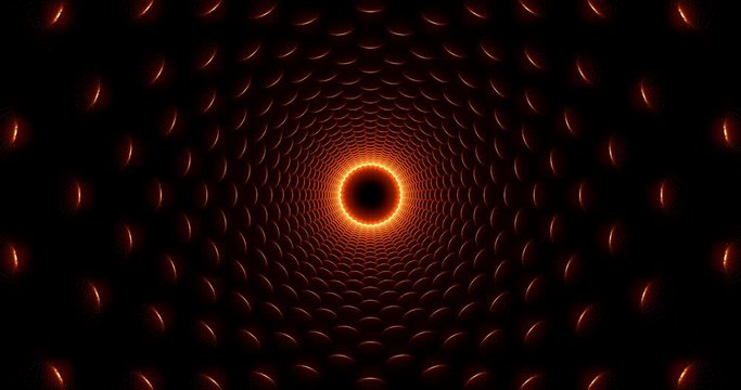 Light moving through an abstract tunnel made from reflective spheres, looping animation