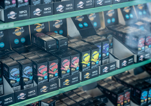 Reflection of many brands of nicotine for e-cigarettes in London