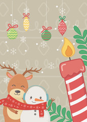 reindeer snowman with scarf and candle hanging balls celebration merry christmas poster