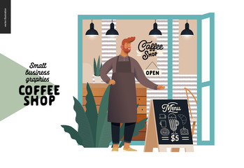 Coffee shop -small business illustrations -cafe owner -modern flat vector concept illustration of a coffee shop owner wearing apron in front of the shop facade, pavement sign - blackboard with menu