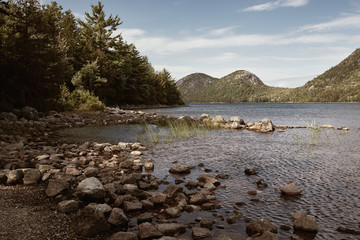 Jordan Pond with view of the Bubbles in background at Acadia National Park in Mount Desert Island, Maine.