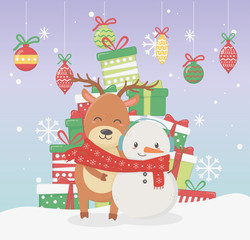 snowman and bear with scarf and many gift boxes celebration merry christmas poster