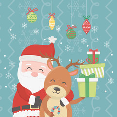 santa hugging reindeer pile gifts and hanging balls celebration merry christmas poster