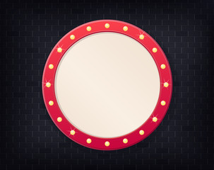 Realistic billboard on dark brick background wall, led lights frame. Vector