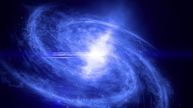 4k video animation. Zoom in. A large galaxy rotates and emits bright blue light. Anamorphic optical flashes.