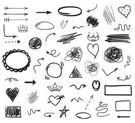 Hand drawn infographic elements on white. Line art. Set of different shapes. Black and white illustration
